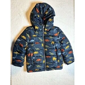 H&M Boys 5-6Y Navy Dinosaur Puffer Winter Coat With Zipper Removable Hood Dino